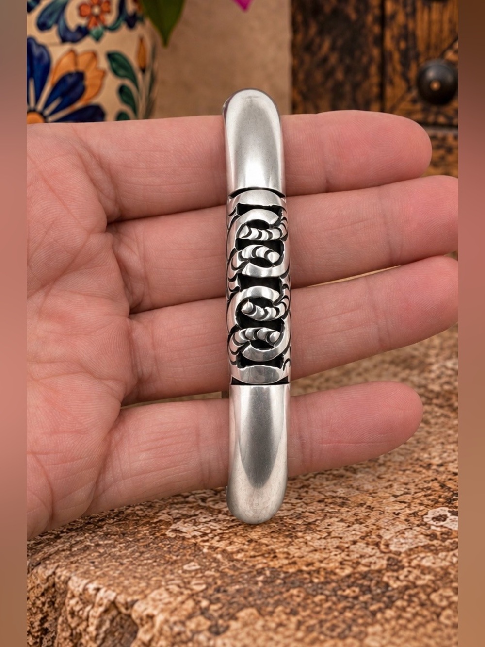 Vintage Signed Mexico Sterling Silver Braid Link Bangle Bracelet 6.75" - Picture 4 of 6